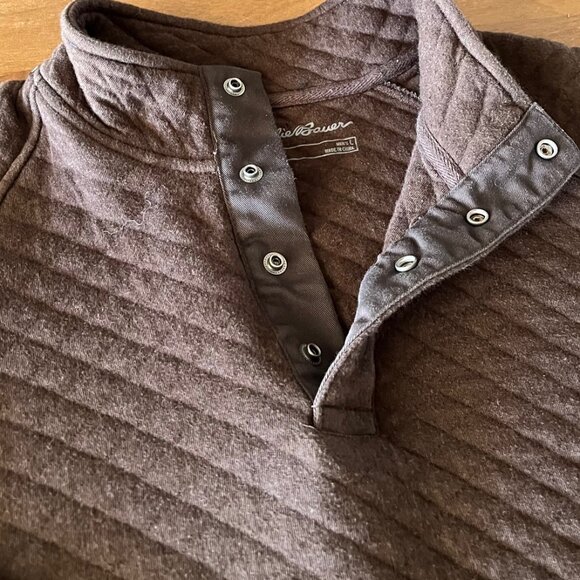 Eddie Bauer Sweatshirt Men's L Quilted 1/4 Snap Brown Kangaroo Pocket Cotton - Picture 3 of 7